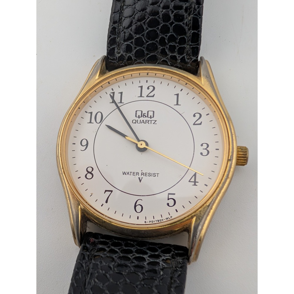 Q&Q Watch Men 32mm Gold Case Black Leather Band- New Battery